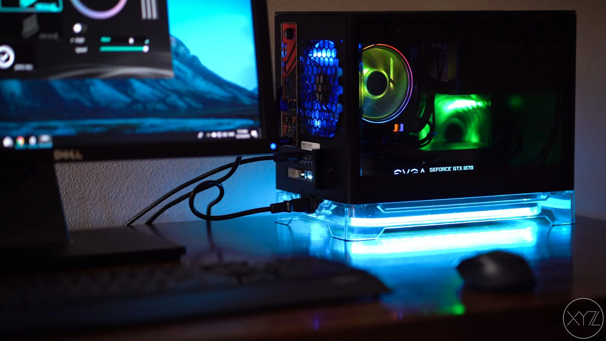 Finished Ryzen build on the desk with RGB lighting